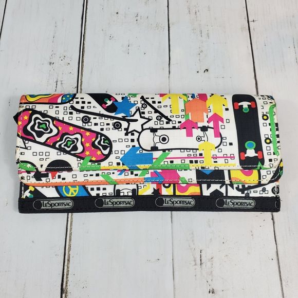 LeSportSac White Skateboard Long Flap Wallet Slim Multi Compartment Colorful GUC - Picture 1 of 16